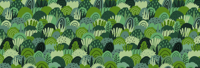 Seamless pattern with bushy green plants. Vector illustration in flat style. Design for fabric and more. © Yelyzaveta Kovalenko