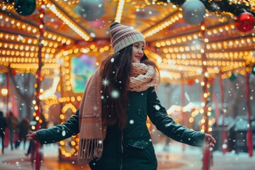 Fototapeta premium A stylish woman braves the winter chill, her festive attire adding a pop of color against the vibrant carnival lights and bustling street
