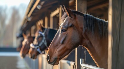 horses in the boxes of an equestrian center - obrazy, fototapety, plakaty