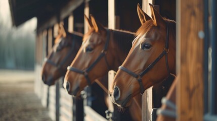 horses in the boxes of an equestrian center - obrazy, fototapety, plakaty