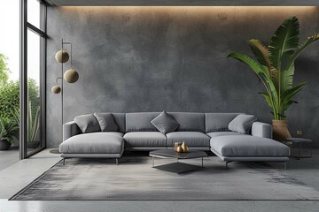 Interior of modern living room with stylish carpet and grey sofa