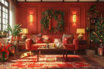 Fototapeta na wymiar Interior of festive living room decorated for Chinese New Year celebration