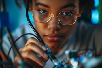 A young woman with a determined gaze and stylish glasses holds a wire, embodying intelligence and purpose in an indoor portrait
