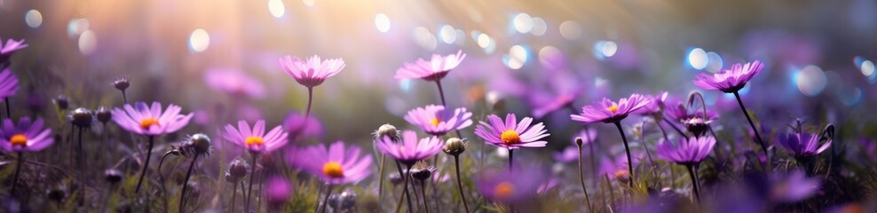 Fototapeta premium colorful flowers on the meadow with sun rays. blurred flowers on a sunny day