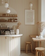 Interior of spacious light minimal coffee shop decorated with white color and wooden.