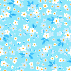 Hand drawn doodle pattern. Seamless pattern of tiny white and blue delicate flowers on pale blue background