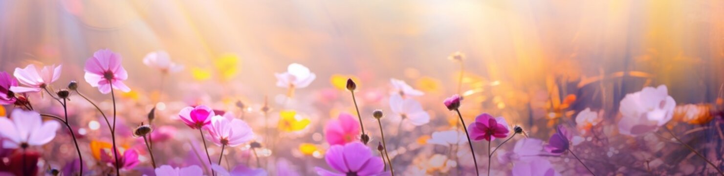 colorful flowers on the meadow with sun rays. blurred flowers on a sunny day