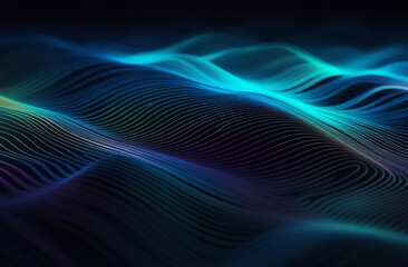 Abstract technology wave of particles background. Big data visualization. Dark digital background with neon light lines. Artificial intelligence.