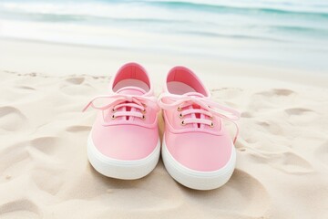 Naklejka premium Comfortable Pink beach shoes from rubber on sand. Summer travel marine pair. Generate Ai