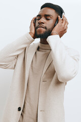 fashion man headphones dj music african background american happy teeth portrait black guy