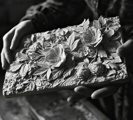 Monochrome Botanical Relief Carving Held in Artist's Hands