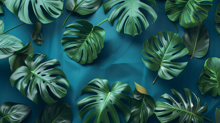 Large beautiful green monstera leaves on isolated blue background