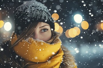 Fototapeta premium woman under snow in winter night with yellow reflective scarf