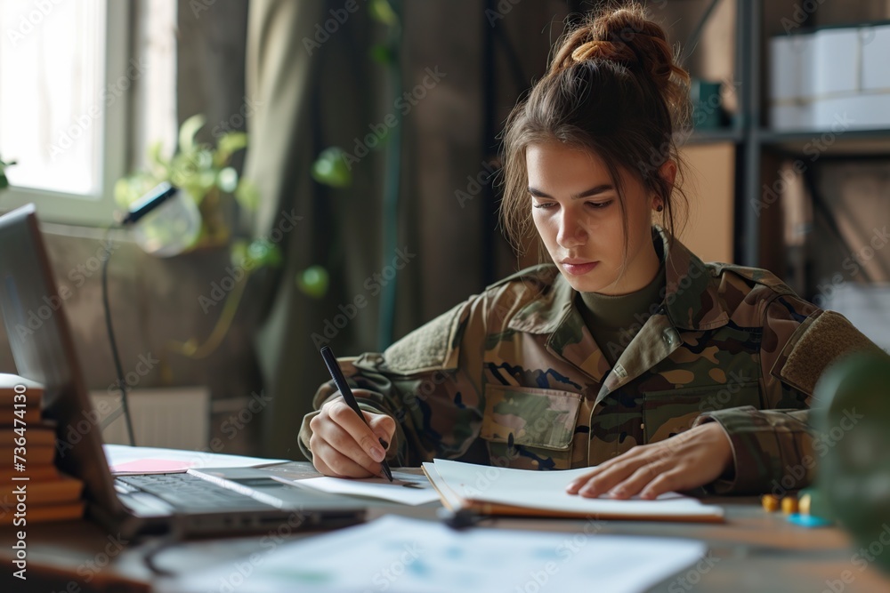 Wall mural young army soldier using laptop typing