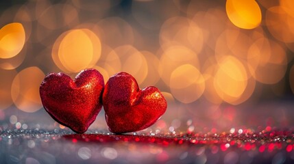 Pair of red hearts against festive light background for Valentine day greeting card.
