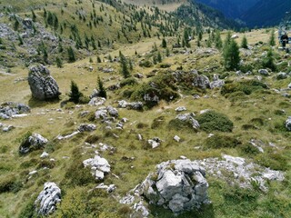 Fototapeta na wymiar Panoramic view of the mountain landscape in the alps, Averau Mountains, peak at Averau-Nuvolau, Dolomites, Italy