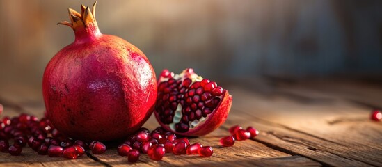 Selective focus on the wooden table with a sweet pomegranate.