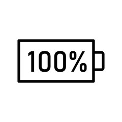 Vector black line icon 100 percent battery charge isolated on white background