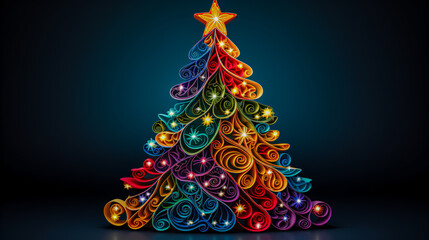 Obraz premium Christmas tree made of colorful ribbons on the background of Christmas tree. Vector illustration.
