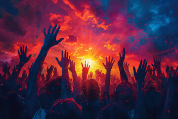 Silhouetted hands raised in worship against a vibrant sunset, symbolizing faith and togetherness during religious gatherings. - obrazy, fototapety, plakaty