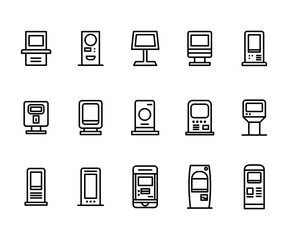 Vector black line icon set kiosk terminal. Service interactive digital payment machine pictogram. Screen computer for order and business symbol. Airport ATM banking panel for travel