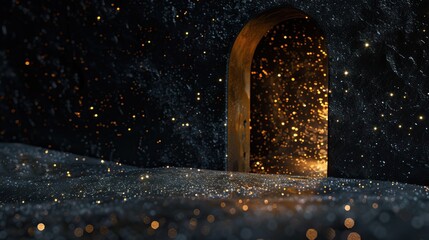This captivating image features an arched doorway glowing with a warm golden light, creating a striking contrast against the dark, cosmic backdrop filled with twinkling stars that resemble a night sky - obrazy, fototapety, plakaty