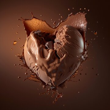 This image captures a rich and creamy scoop of chocolate ice cream in mid-air, surrounded by an intricate dance of splashes and droplets, illustrating both the texture of the ice cream and the lively 