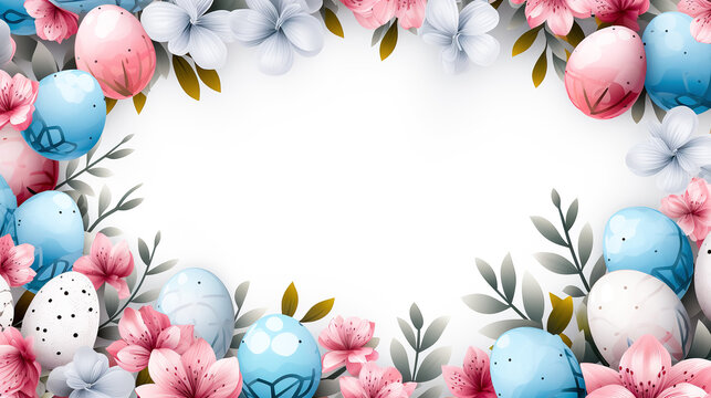 Colorful easter eggs and flowers on white background with copy space. Top view with copy space. Greeting card on an Easter theme. Happy Easter concept.