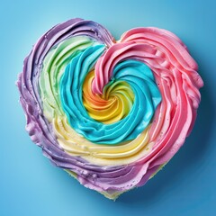 The image shows a beautifully crafted heart-shaped meringue with vibrant, swirling colors ranging from purple, pink, blue, green to yellow, creating a rainbow effect. The meringue is set against a sol - obrazy, fototapety, plakaty