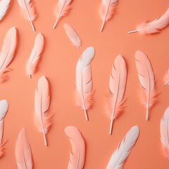 Peach colored bird feathers on a peach background