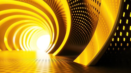 The image captures a perspective view of a futuristic tunnel, featuring a series of concentric arches with a dot-pattern design, bathed in a warm, radiant yellow glow that diminishes in intensity towa
