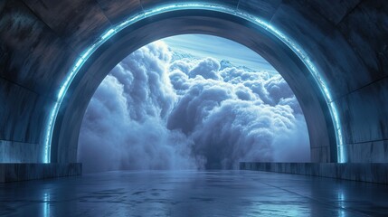 This image illustrates a sleek, futuristic tunnel with smooth, reflective surfaces and illuminated by soft, ambient lighting; the tunnel forms an archway framing a captivating view of a dense, dynamic
