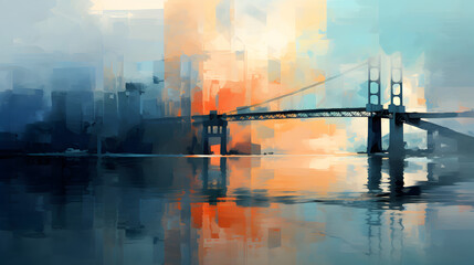 sunrise over the river,,
A painting of a bridge over a body of water Watercolor painting of a Bridge
