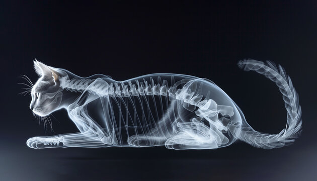 Radiographs, X Ray Picture With Cat's Skeleton for Treatment and Diagnosis. Space For Text. Animal Hospitals, Vet. Pet Scan. AI Generated. Positron Emission Tomography Mockup. Horizontal Plane. 