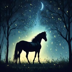 A lone horse stands tall in a moonlit glade, its silhouette stark against the luminous sky
