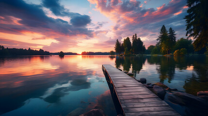 A dock on a lake with a sunset in the background,,
Wooden pier on a lake at sunset. Beautiful summer landscape, Small boat dock and beautiful sunset landscape view with a huge lake,
