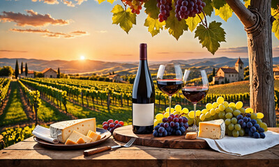 Wine bottle and glasses on wooden table with grapes and cheese, outdoor, vineyard on background, sunset.