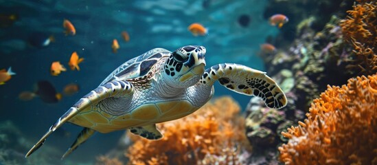 Hawksbill sea turtle swims in Bali's coral reefs.