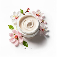 Moisturizing face cream in an open glass jar and flowers around on white background, top view