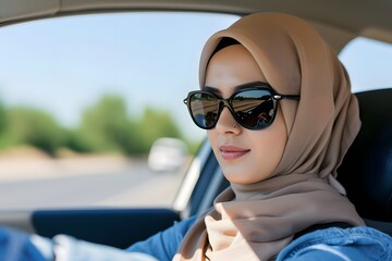 portrait of a beautiful Muslim young woman in a beige hijab and sunglasses,sitting in a car,the concept of combating discrimination,the success and independence of Muslim women,cultural diversity