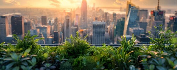 Roofing the city with urban rooftop gardens: A serene green oasis above the skyline. Concept Urban Jungle, City Oasis, Sky High Gardens, Green Roofs, Serene Skylines - obrazy, fototapety, plakaty