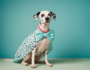Dalmatian dog on a blue background in a blue dress with a bow.Pet in clothes