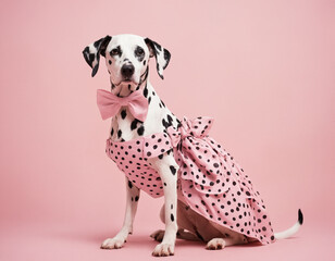 Dalmatian dog on a pink background in a pink dress. Glamorous pet