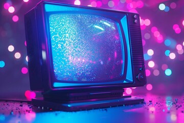 Retro vintage computer monitor with glitter slime. Blue and purple colored lights. Creative minimal cyberwave background. Retro futurism.