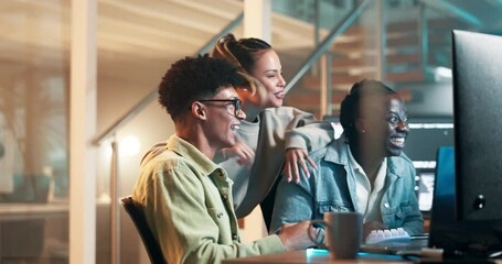 Clapping hands, teamwork or success by computer in office, collaboration or coding of video game on laptop. Business people, happy and celebration in programming, yes or network for technology by pc