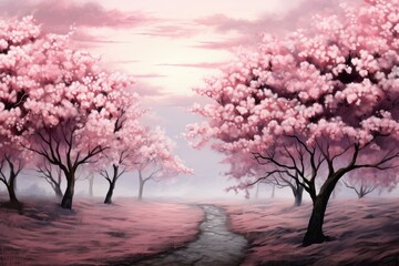 Pink magical forest. Night dream. Generate Ai