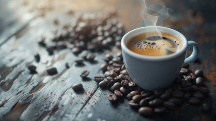 Gray cup of espresso coffee with foam with coffee beans scattered on a vintage table, sunlight from the window. Place for text. Copy space.