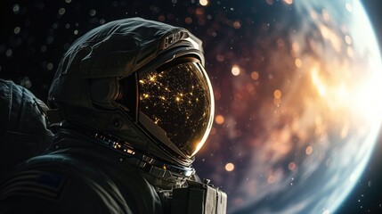 An astronaut in a suit on the background of a planet, a man in space - obrazy, fototapety, plakaty