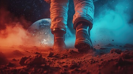 An astronaut in a suit takes a step against the background of the planet, a man walks on the ground - obrazy, fototapety, plakaty