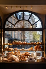 French bakery, a showcase with buns and croissants